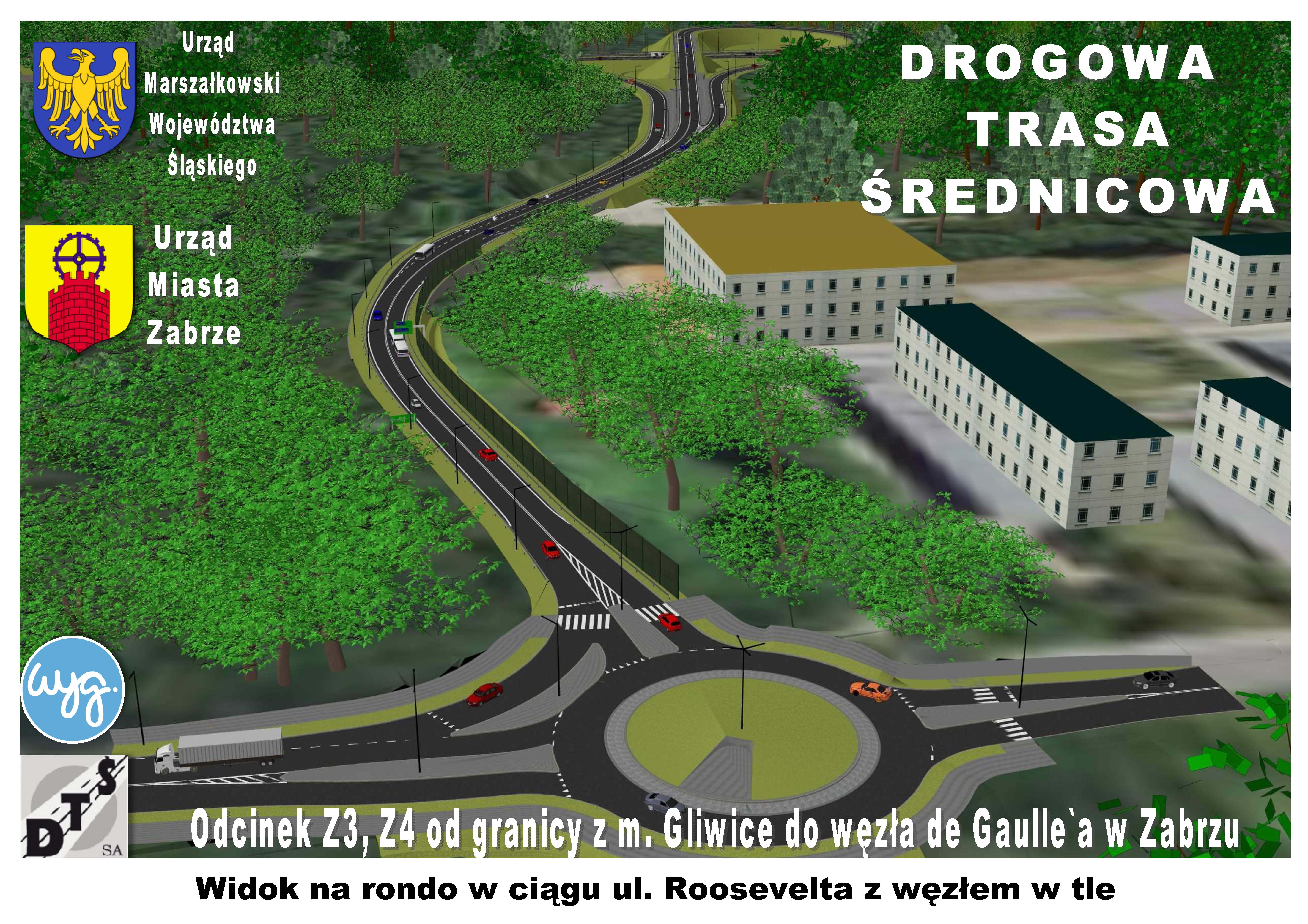 Widok na rondo w ciągu ul. Roosevelta z węzłem w tle Widok na rondo w ciągu ul. Roosevelta z węzłem w tle